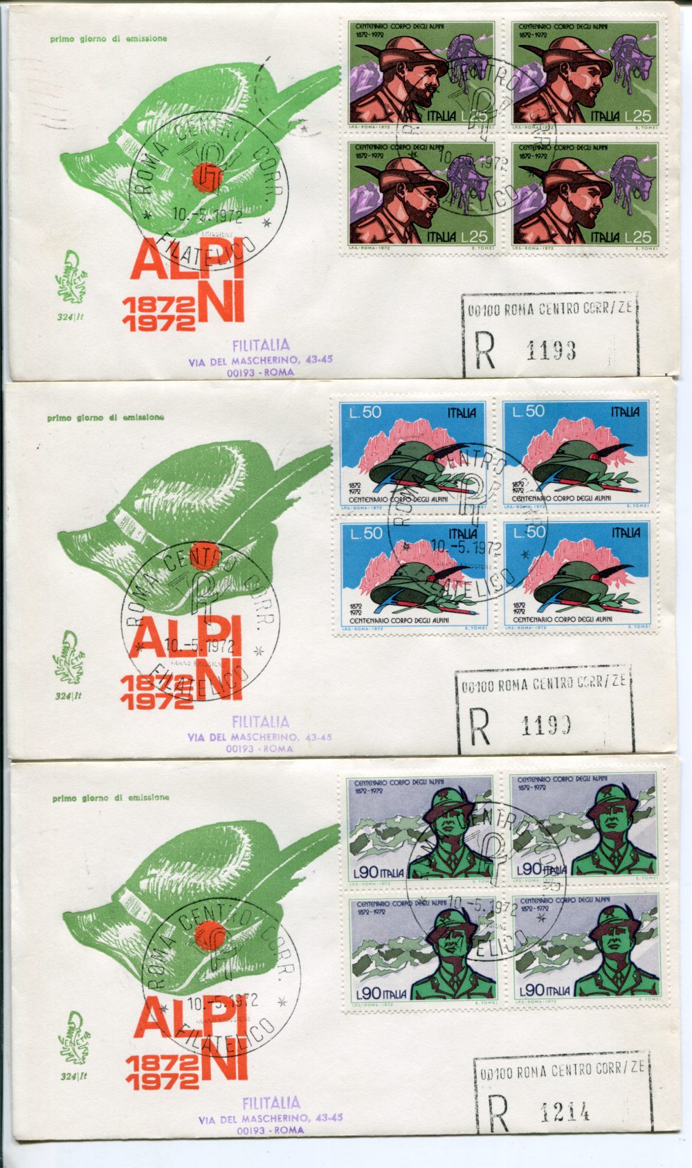 Italia FDC Venetia 1972 Alpini quartina viaggiata Racc. per l'Italia