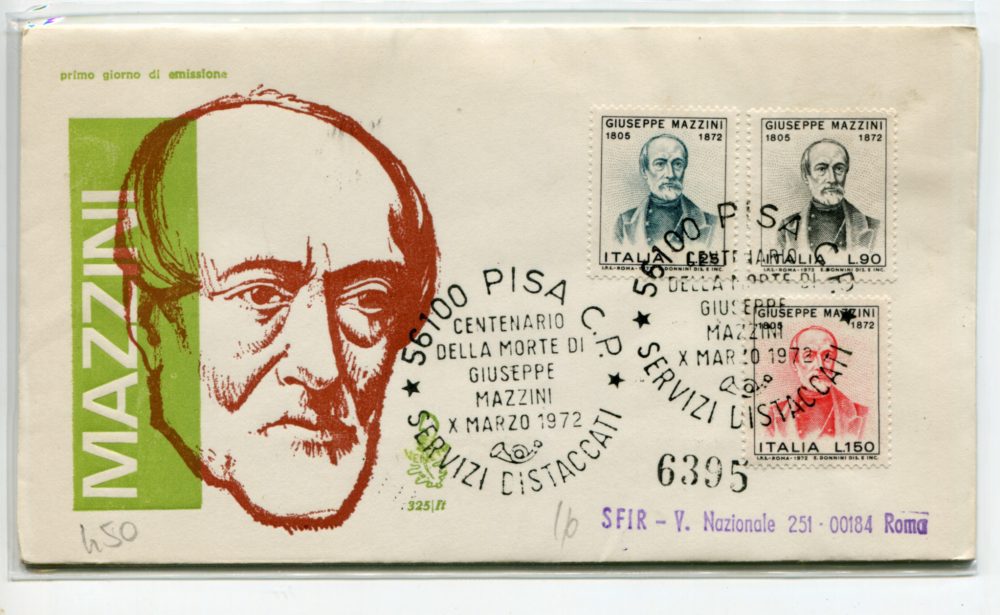 Italia FDC Venetia 1972 Mazzini  viaggiata Racc. per l'Italia 1003