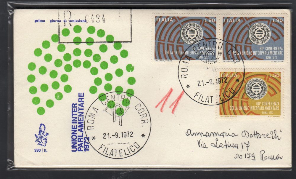 Italia FDC Venetia 1972 Unione Interparlamentare  viaggiata Racc. per l'Italia