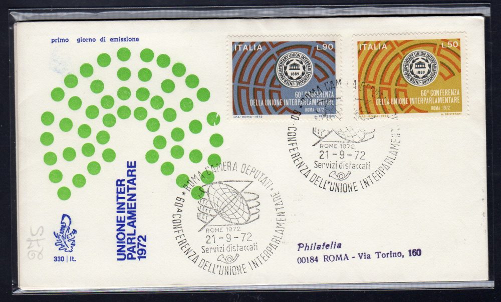 Italia FDC Venetia 1972 Unione Interparlamentare  viaggiata  per l'Italia 1030