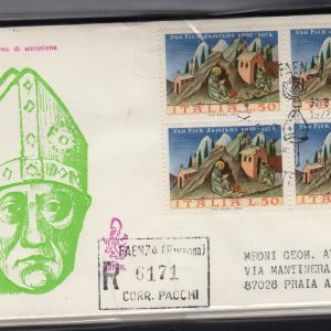 Italia FDC Venetia 1972 San Pier Damiano quartina viaggiata Racc. per l'Italia