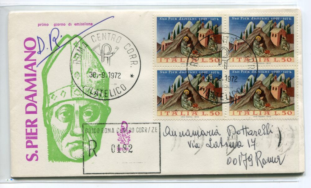 Italia FDC Venetia 1972 Pier Damiano quartina viaggiata Racc. per l'Italia 1037