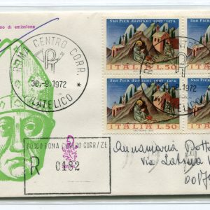 Italia FDC Venetia 1972 Pier Damiano quartina viaggiata Racc. per l'Italia 1037