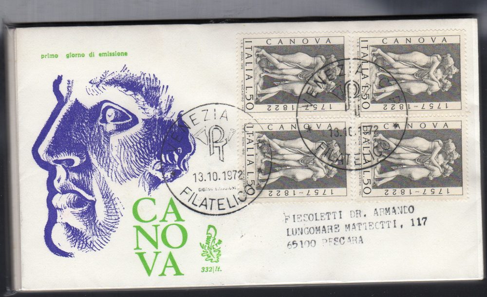 Italia FDC Venetia 1972 Canova quartina viaggiata Racc. per l'Italia