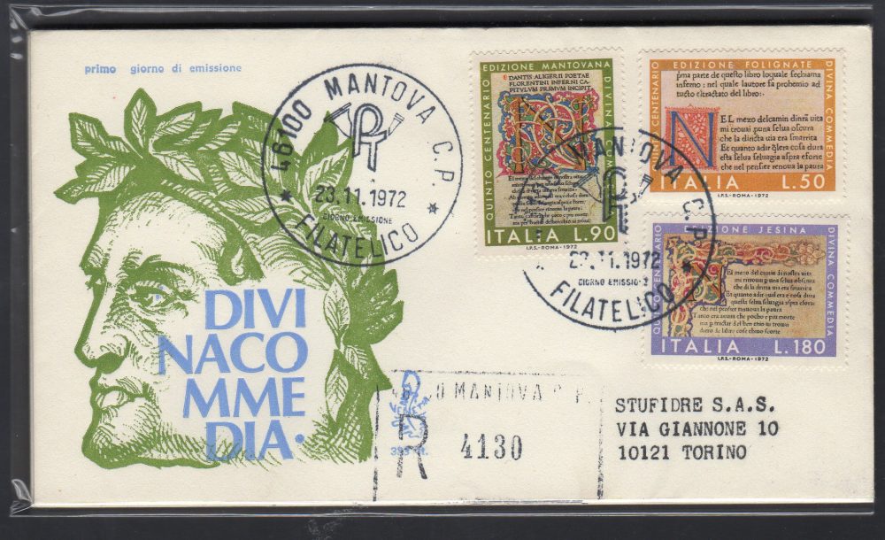 Italia FDC Venetia 1972 Divina Commedia  viaggiata Racc. per l'Italia