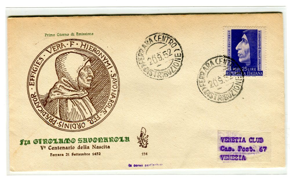 Italia FDC Venetia 1952 Savonarola  non viaggiata