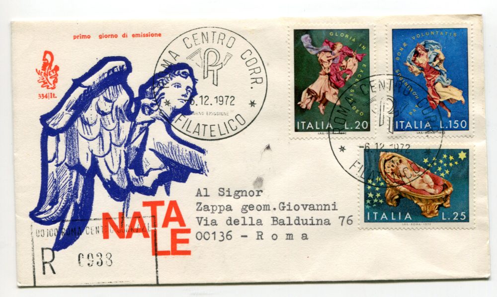 Italia FDC Venetia 1972 Natale  viaggiata Racc. per l'Italia 1052