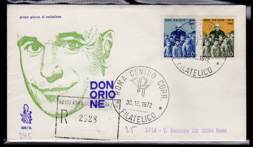 Italia FDC Venetia 1972 Don Orione  viaggiata Racc. per l'Italia