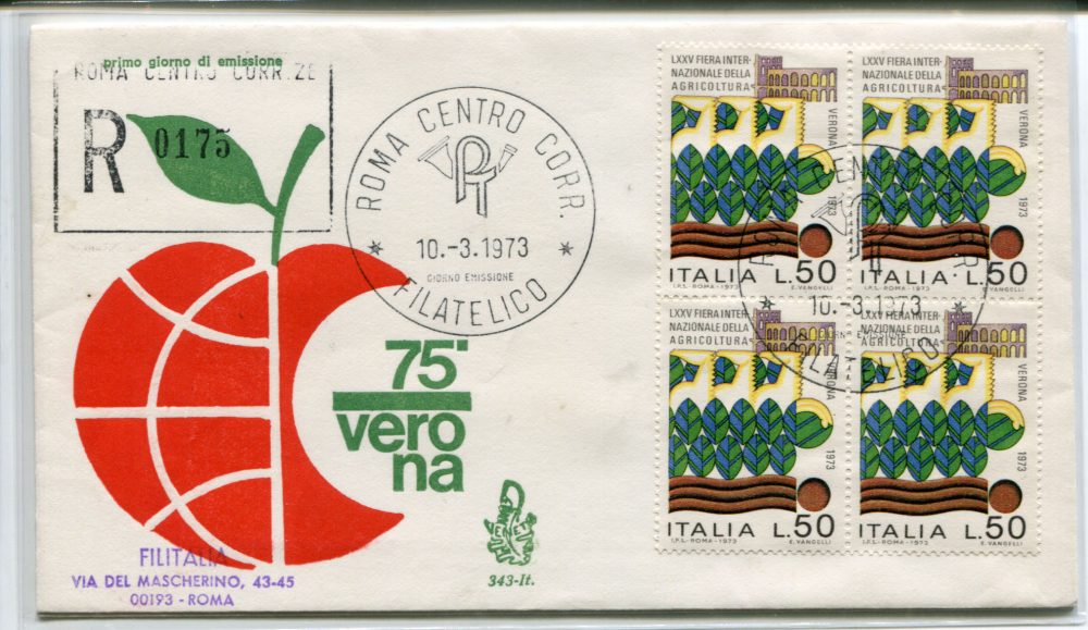 Italia FDC Venetia 1973 Fiera di Verona quartina viaggiata Racc. per l'Italia