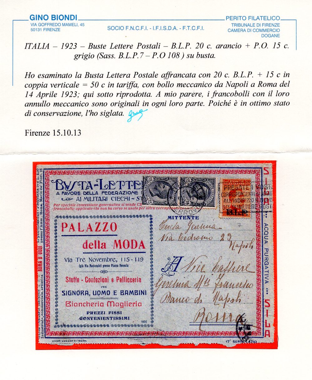 B.L.P. Cent. 20 n. 7 su busta (17 Lazio) viaggiata