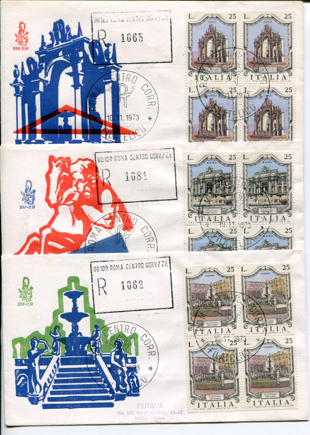 Italia FDC Venetia 1973 Fontane quartina viaggiata Racc. per l'Italia