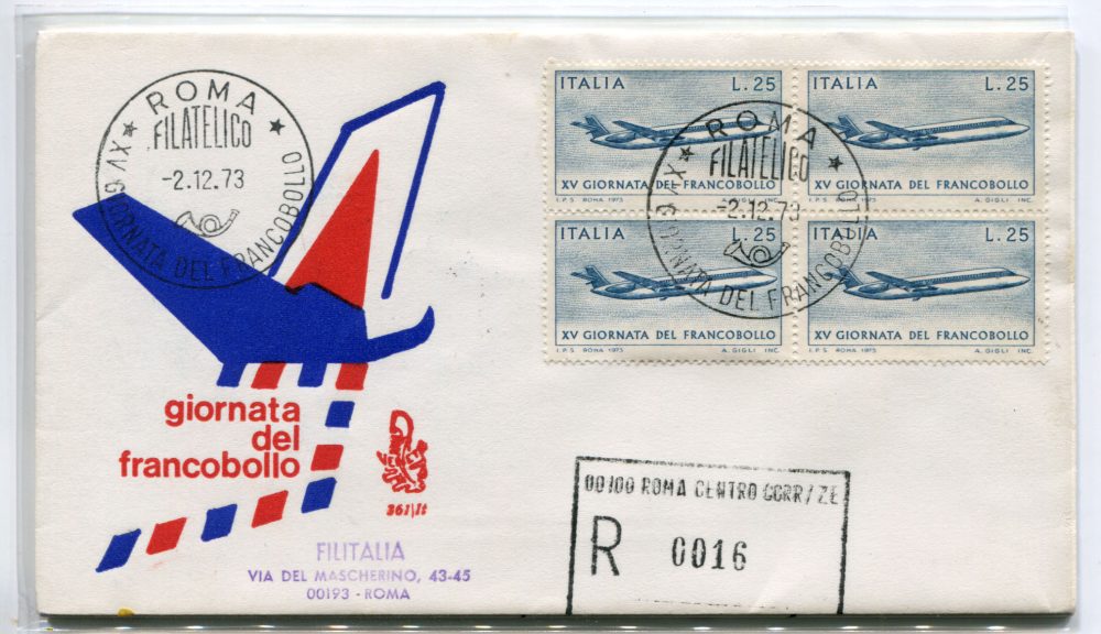 Italia FDC Venetia 1973 Gior. Francobollo quartina viaggiata Racc. per l'Italia