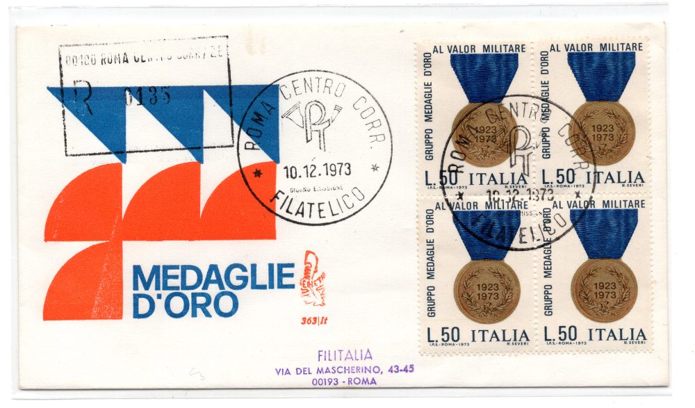 Italia FDC Venetia 1973 Medaglie d'Oro quartina viaggiata Racc. per l'Italia