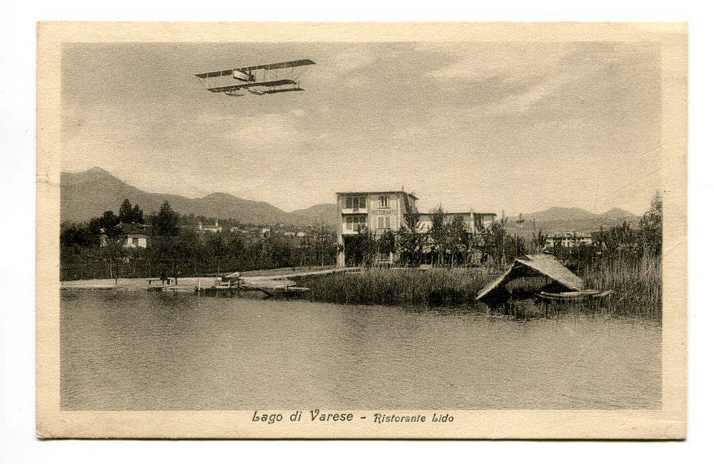 Varese Lago - Cartolina Ristorante Lido con idrovolante in volo