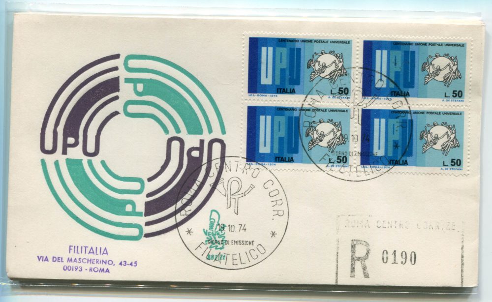 Italia FDC Venetia 1974 UPU quartina viaggiata Racc. per l'Italia