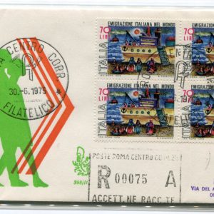 Italia FDC Venetia 1975 Emigrazione quartina viaggiata Racc. per l'Italia