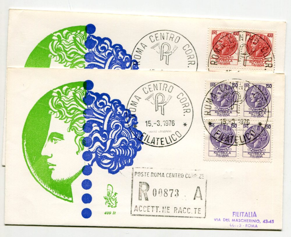 Italia FDC Venetia 1976 Siracusana 150 400 quartina viaggiata Racc. per l'Italia