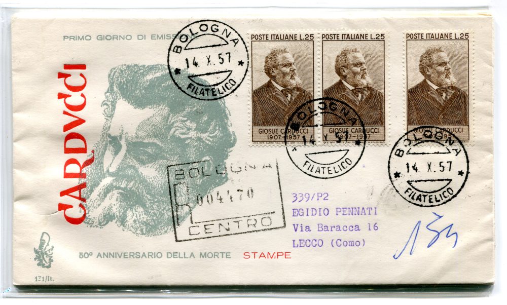 Italia FDC Venetia 1957 Carducci 3 esemplari viaggiata Racc. per l'Italia