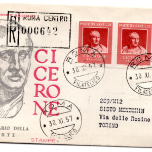 Italia FDC Venetia 1957 Cicerone striscia di tre viaggiata Racc. per l'Italia