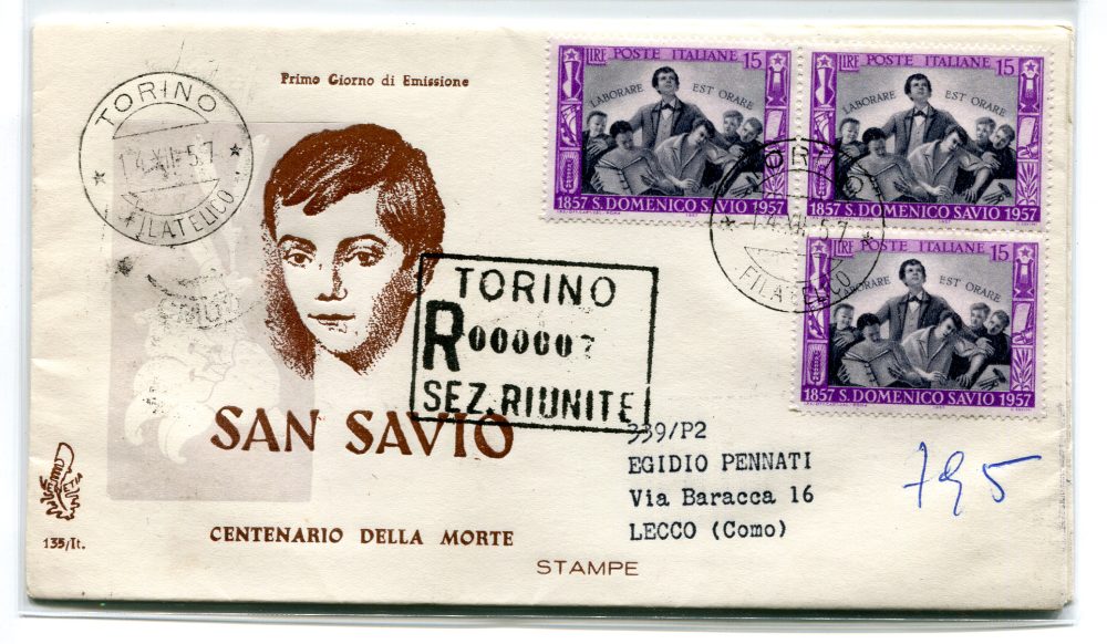 Italia FDC Venetia 1957 San Savio 3 esemplari viaggiata Racc. per l'Italia