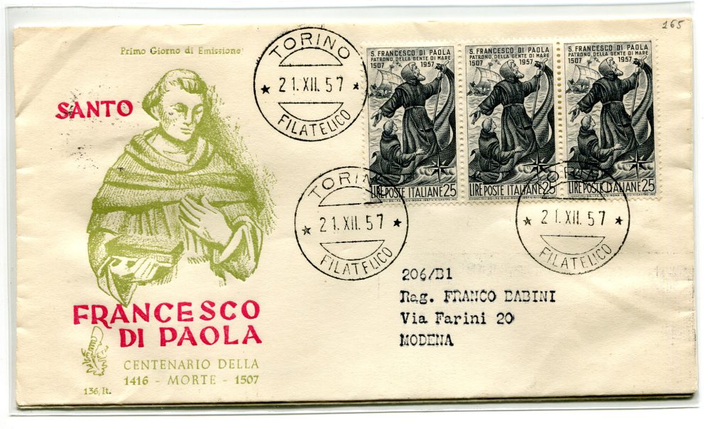 Italia FDC Venetia 1957 S.Francesco striscia di tre viaggiata Racc. per l'Italia