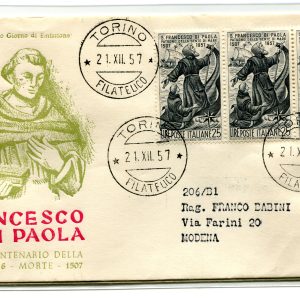 Italia FDC Venetia 1957 S.Francesco striscia di tre viaggiata Racc. per l'Italia