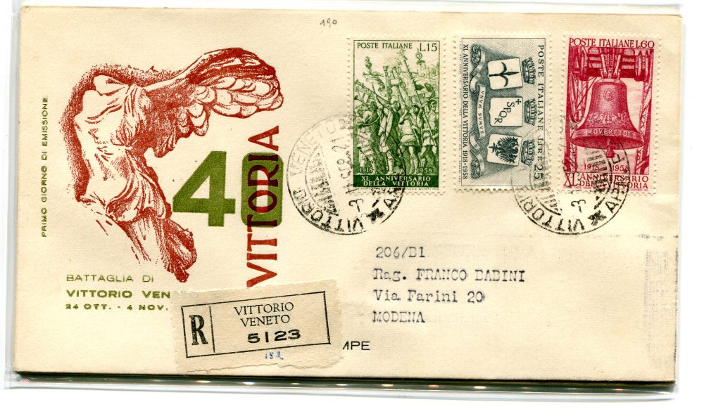 Italia FDC Venetia 1958 Vittoria  viaggiata Racc. per l'Italia