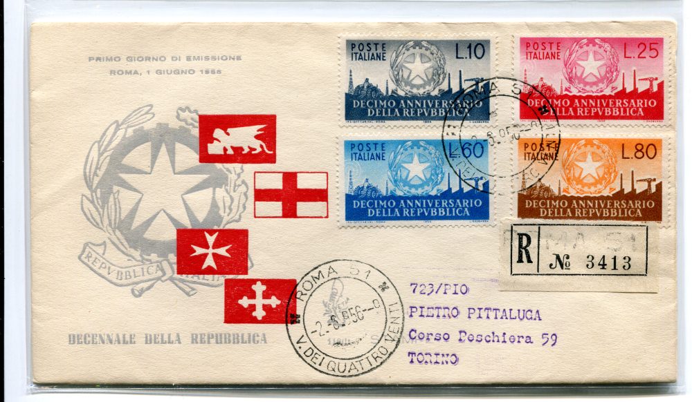 Italia FDC Venetia 1956 Decennale della Repubblica  viaggiata Racc. per l'Italia