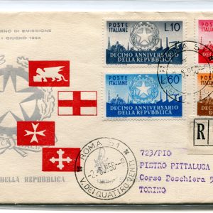 Italia FDC Venetia 1956 Decennale della Repubblica  viaggiata Racc. per l'Italia