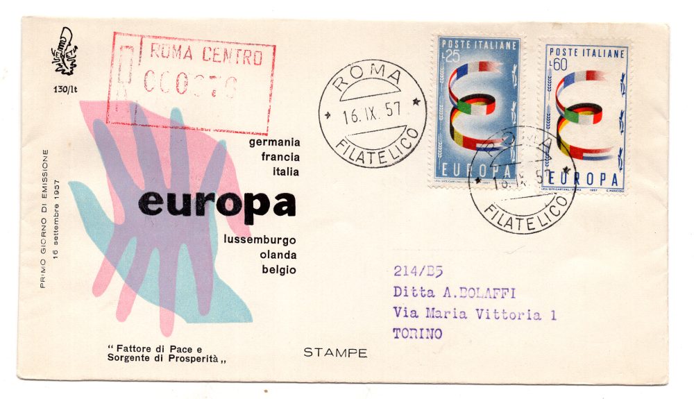 Italia FDC Venetia 1957 Europa  viaggiata Racc. per l'Italia