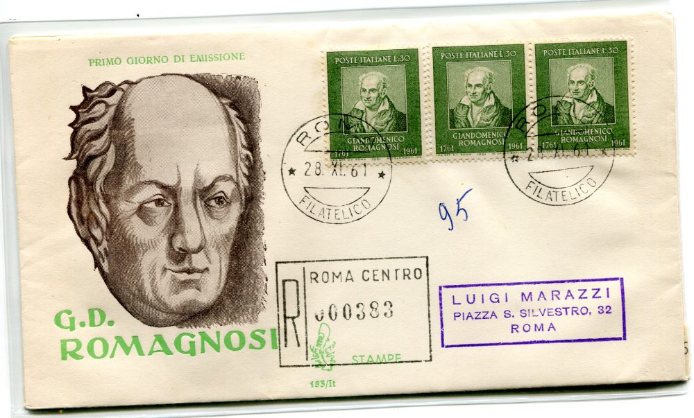 Italia FDC Venetia 1961 Romagnosi striscia di tre viaggiata Racc. per l'Italia