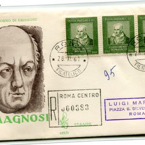 Italia FDC Venetia 1961 Romagnosi striscia di tre viaggiata Racc. per l'Italia