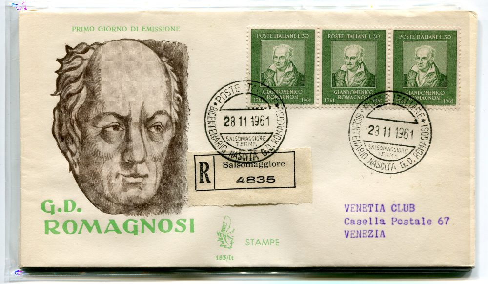 Italia FDC Venetia 1961 Romagnosi striscia di tre viaggiata Racc. per l'Italia