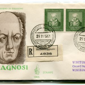 Italia FDC Venetia 1961 Romagnosi striscia di tre viaggiata Racc. per l'Italia