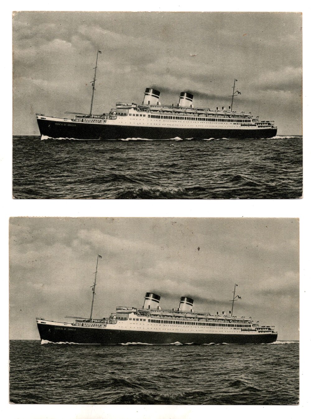 Conte di Savoia - Due cartoline della nave annullate con bollo meccanico