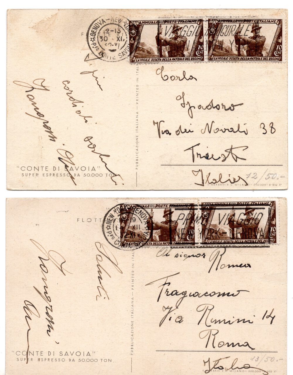 Conte di Savoia - Due cartoline della nave annullate con bollo meccanico