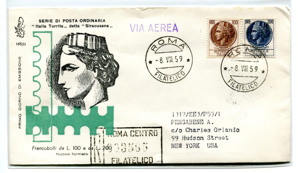 Italia FDC Venetia 1959 Siracusana L. 100 e 200  viaggiata Racc. per l'estero