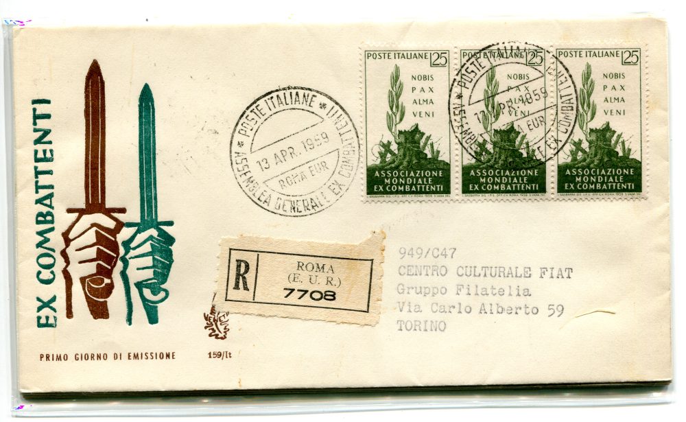 Italia FDC Venetia 1959 Ex Combattenti striscia di 3 viaggiata Racc. l'Italia