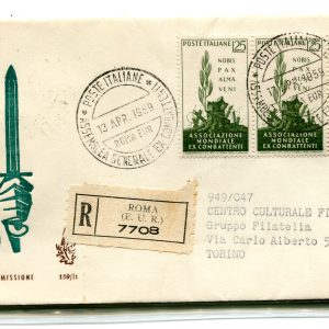 Italia FDC Venetia 1959 Ex Combattenti striscia di 3 viaggiata Racc. l'Italia