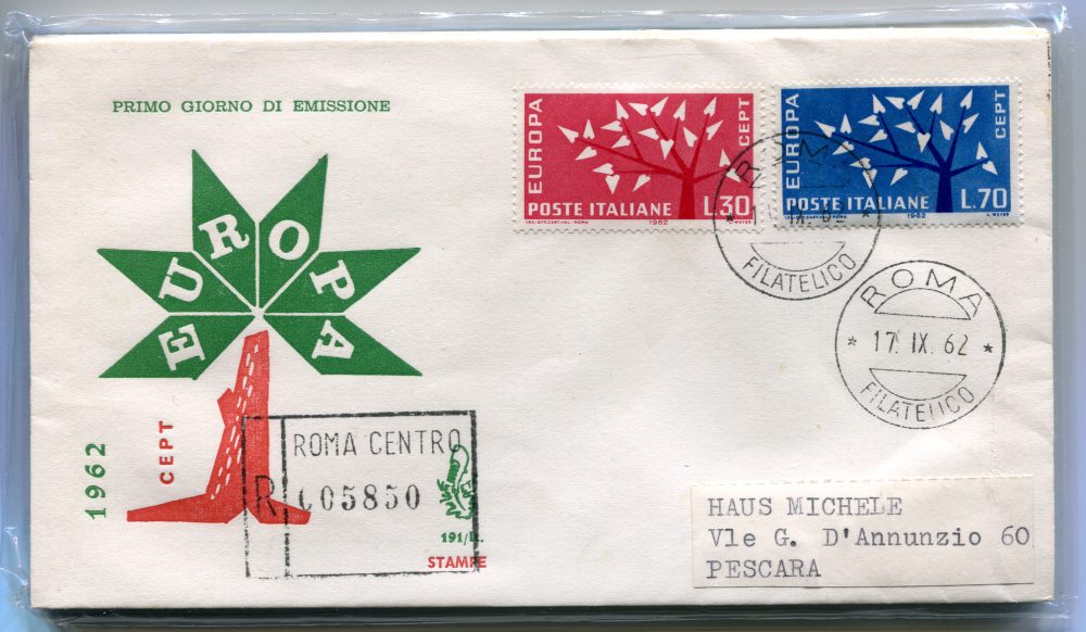 Italia FDC Venetia 1962 Europa  viaggiata Racc. per l'Italia