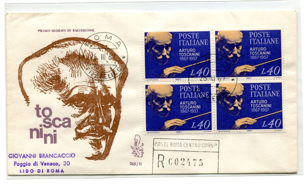 Italia FDC Venetia 1967 Toscanini quartina viaggiata Racc. per l'Italia