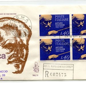 Italia FDC Venetia 1967 Toscanini quartina viaggiata Racc. per l'Italia