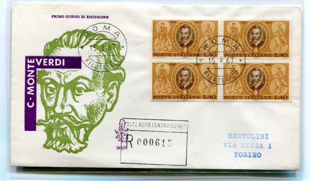 Italia FDC Venetia 1967 Verdi quartina viaggiata Racc. per l'Italia