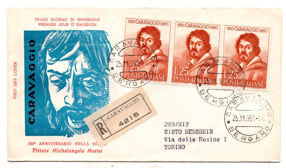 Italia FDC Venetia 1960 Caravaggio striscia di tre viaggiata Racc. per l'Italia