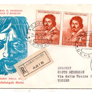 Italia FDC Venetia 1960 Caravaggio striscia di tre viaggiata Racc. per l'Italia