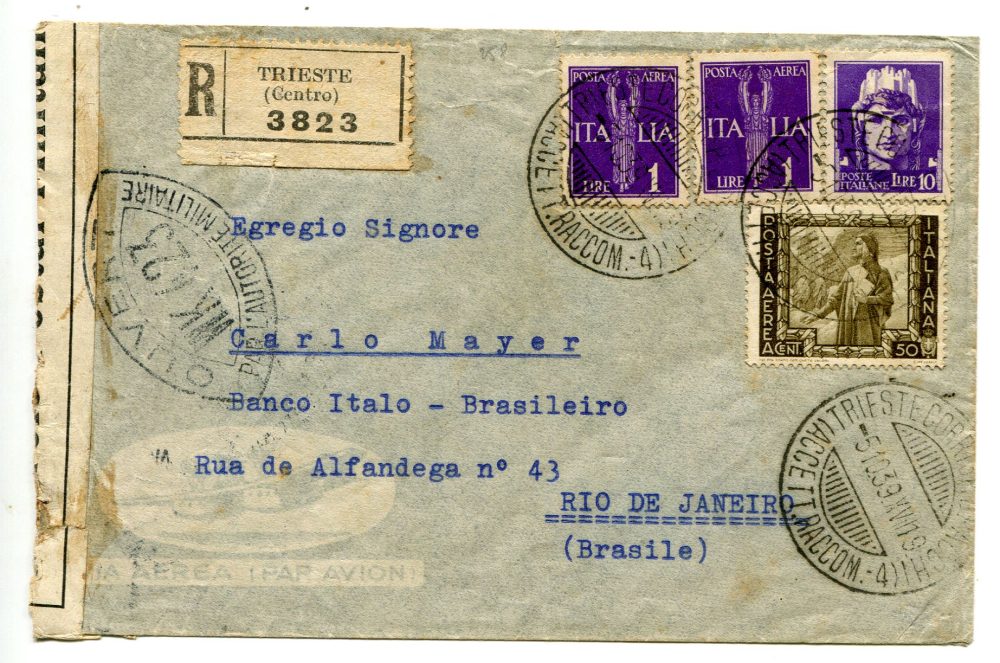 Imperiale Lire 10 + complementari P.A. su busta racc. via aerea per il Brasile