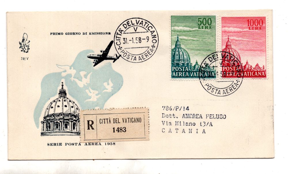 Vaticano FDC Venetia 1958 P.A. Cupola II  viaggiata Racc. per l'Italia