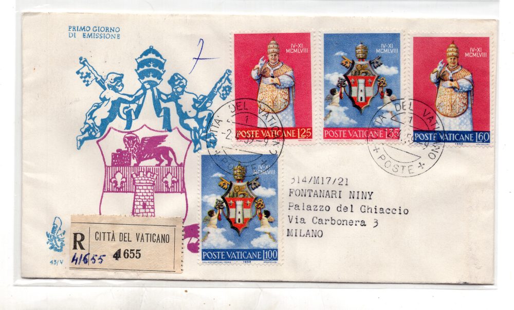 Vaticano FDC Venetia 1959 Giovanni XXIII°  viaggiata Racc. per l'Italia