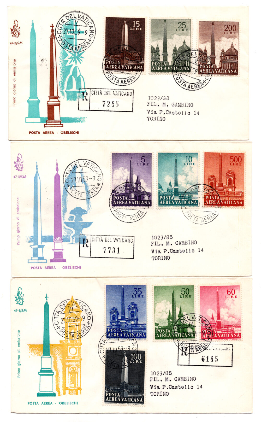 Vaticano FDC Venetia 1959 Obelischi  viaggiata Racc. per l'Italia