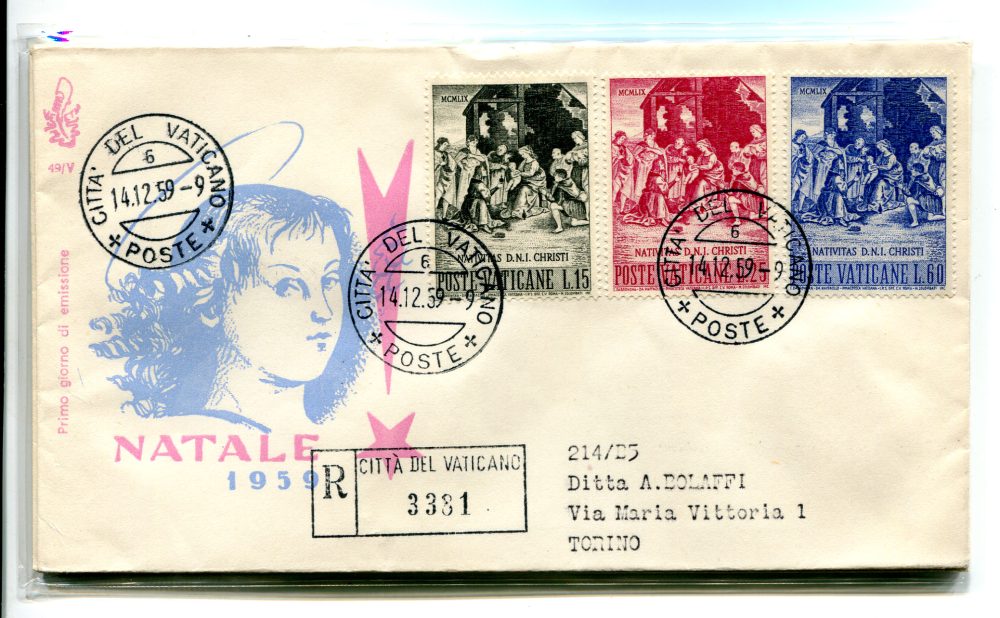 Vaticano FDC Venetia 1959 Natale  viaggiata Racc. per l'Italia